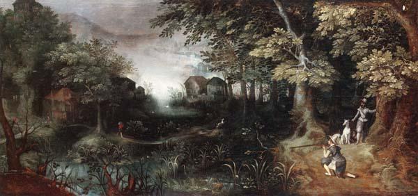 Claes Dircksz.van er heck A wooded landscape with huntsmen in the foreground,a town beyond china oil painting image